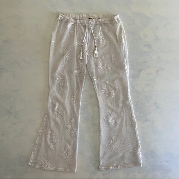 Miken Swim White Mesh Palm Tree Drawstring Coverup Pants - Picture 1 of 6